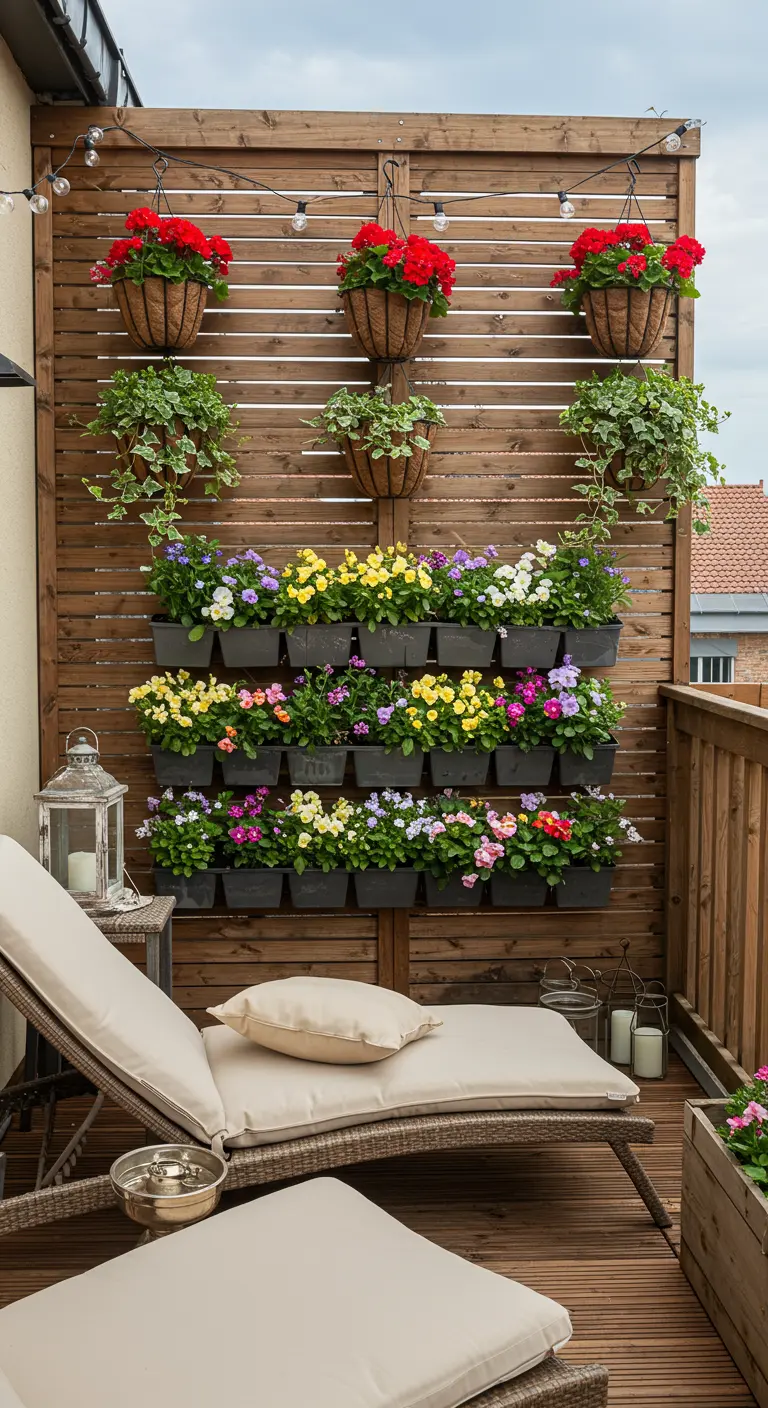 Balcon avec un mur de persiennes en bois fleuri, chaise longue crème et lanternes.