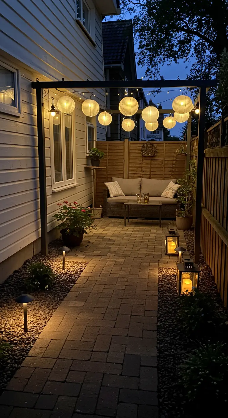 Petit patio cosy avec chemin de briques, éclairé par des lampions suspendus et des lanternes au sol.