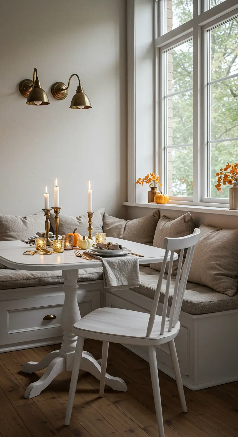 Coin repas avec banquette intégrée, table blanche ronde et décoration automnale minimaliste.