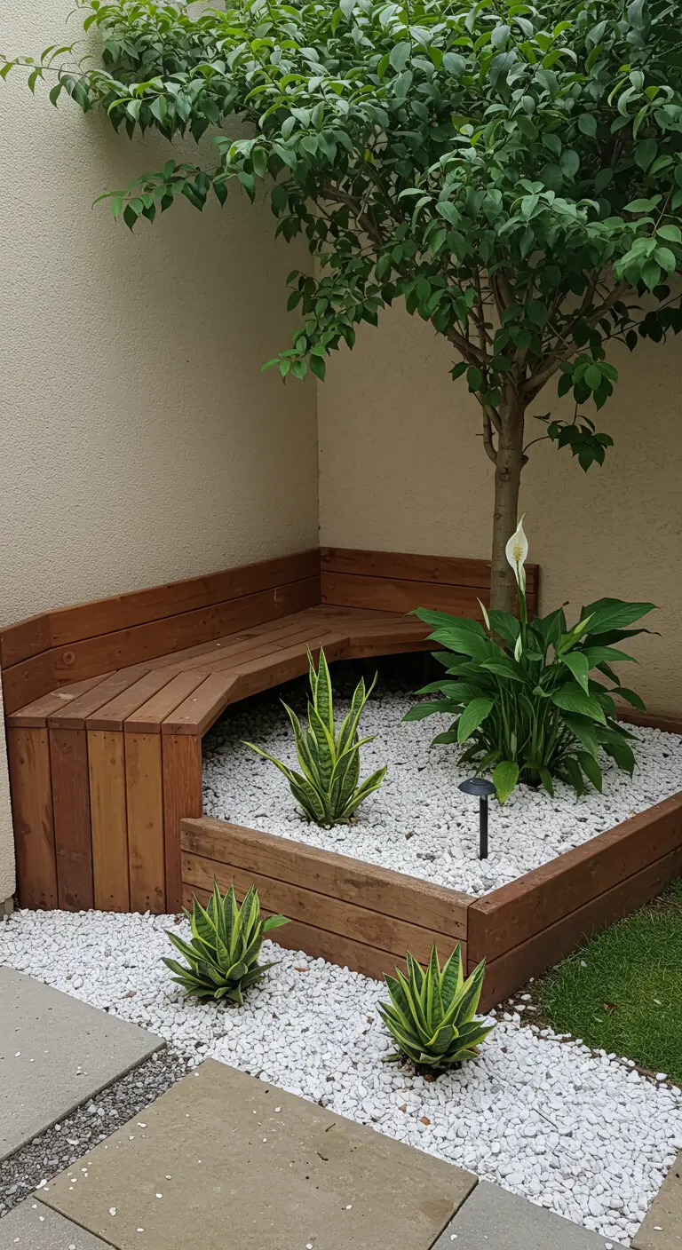Jardin d'angle avec banc en bois, petit arbre, Sansevieria, Spathiphyllum et gravier blanc.