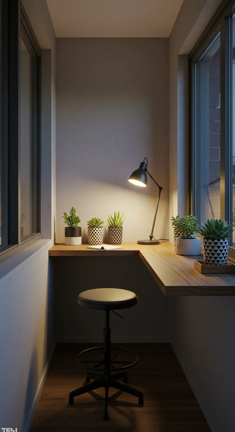Petit balcon aménagé en bureau avec étagère en bois, succulentes et lampe de bureau.