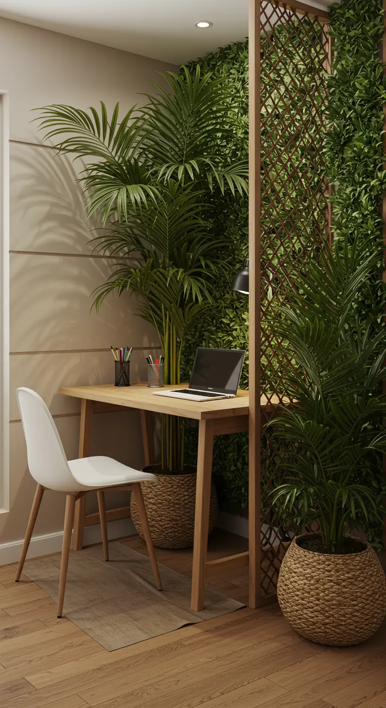 Palmes Areca et mur végétal dans un espace bureau avec un séparateur.