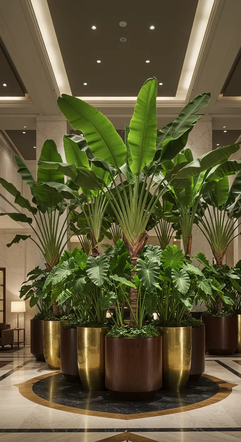 Grandes plantes de bananier et Alocasia dans des pots en laiton et bois.