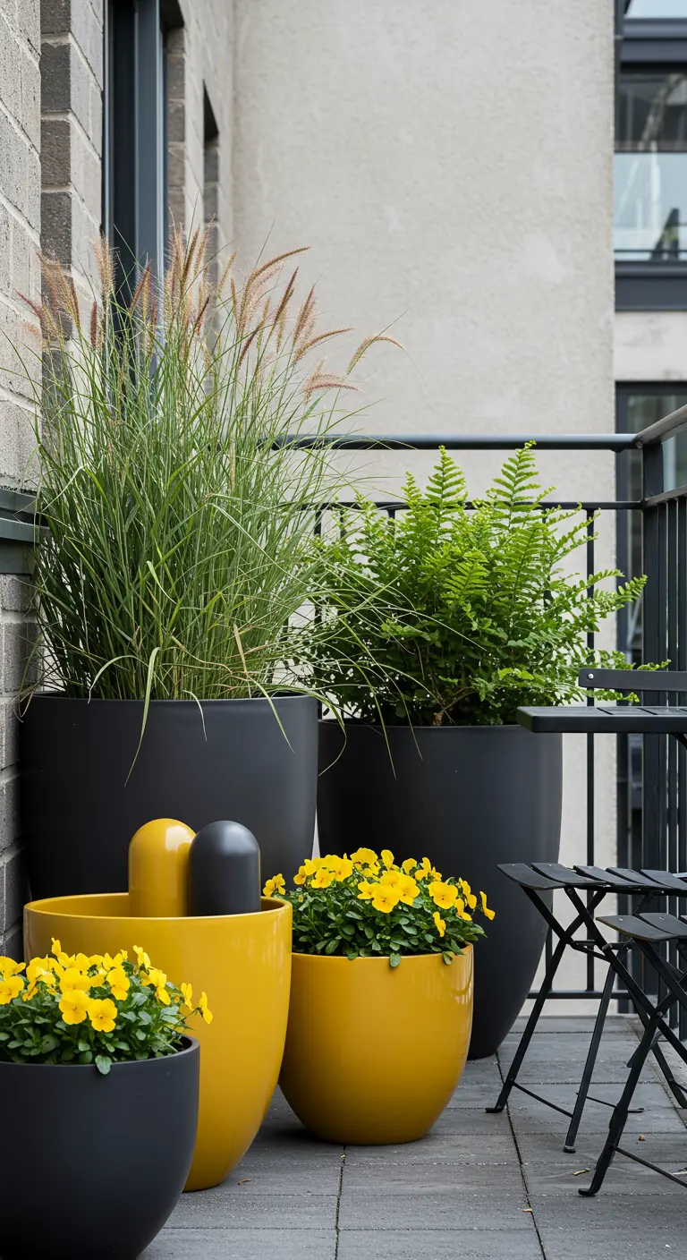 Balcon urbain avec des pots noirs et jaunes, graminées et fleurs jaunes.