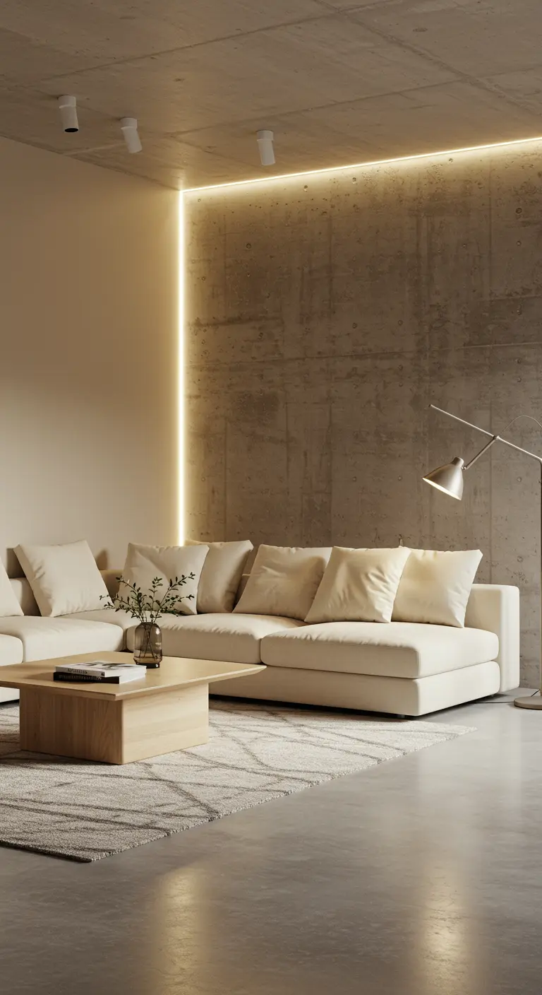 Salon industriel chic, mur béton, canapé d'angle crème, table basse bois, bande LED.