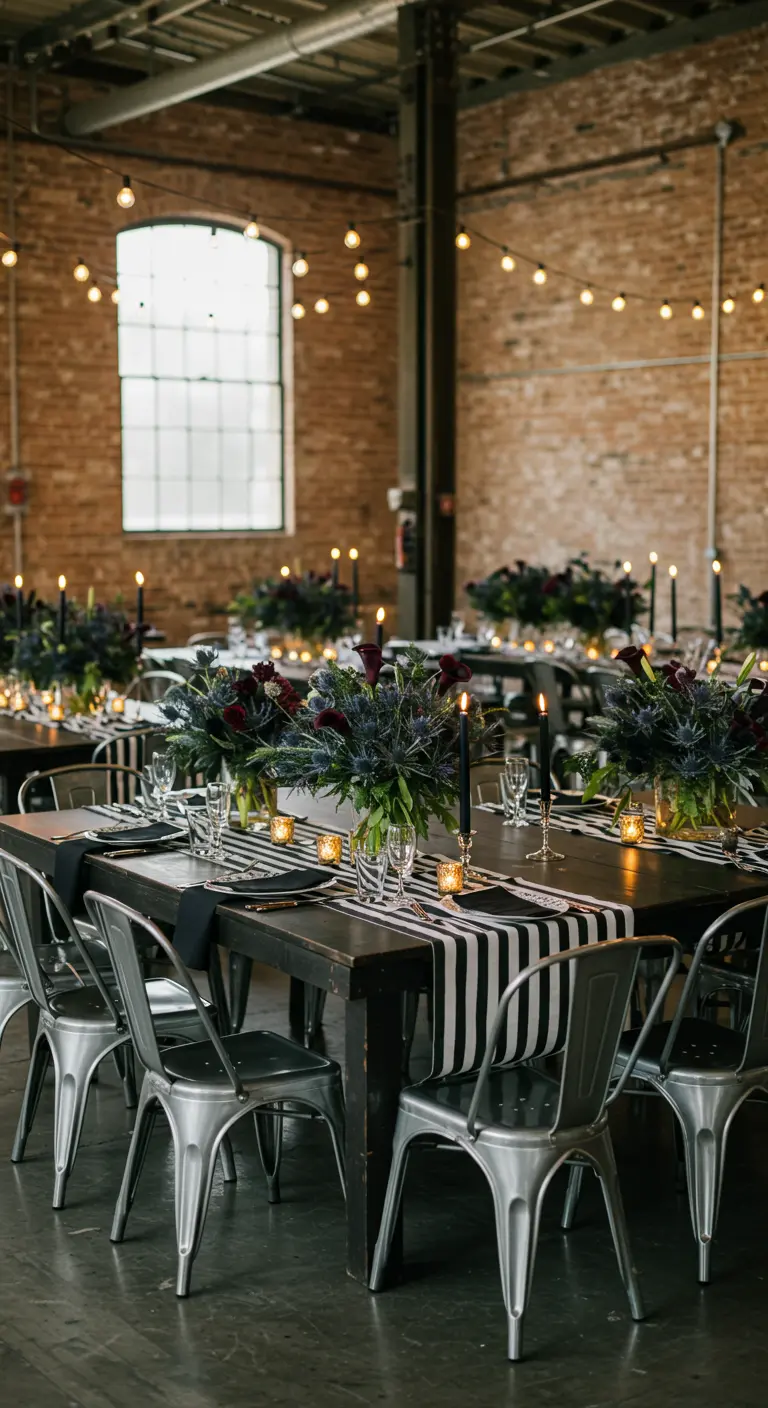 Table de mariage industriel chic avec couronnes de fleurs sombres, bougies noires et guirlandes lumineuses.