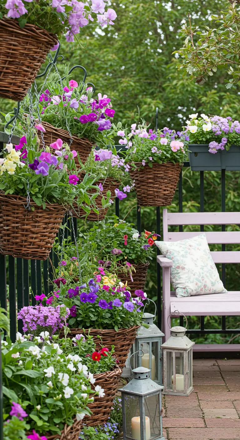 Corbeilles en osier étagées et suspendues débordantes de fleurs colorées sur un balcon