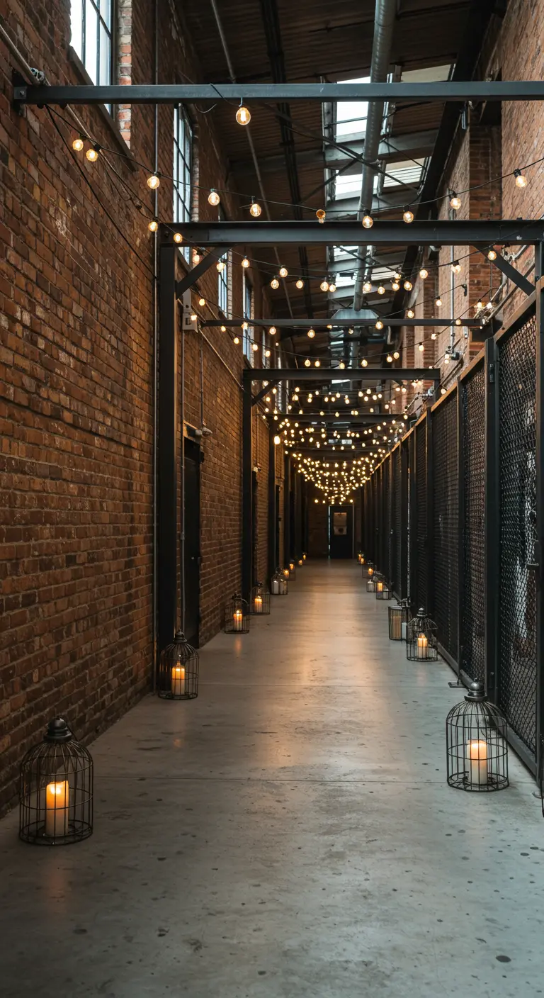 Couloir extérieur industriel avec murs de briques, éclairé par des guirlandes lumineuses et des lanternes-cages.