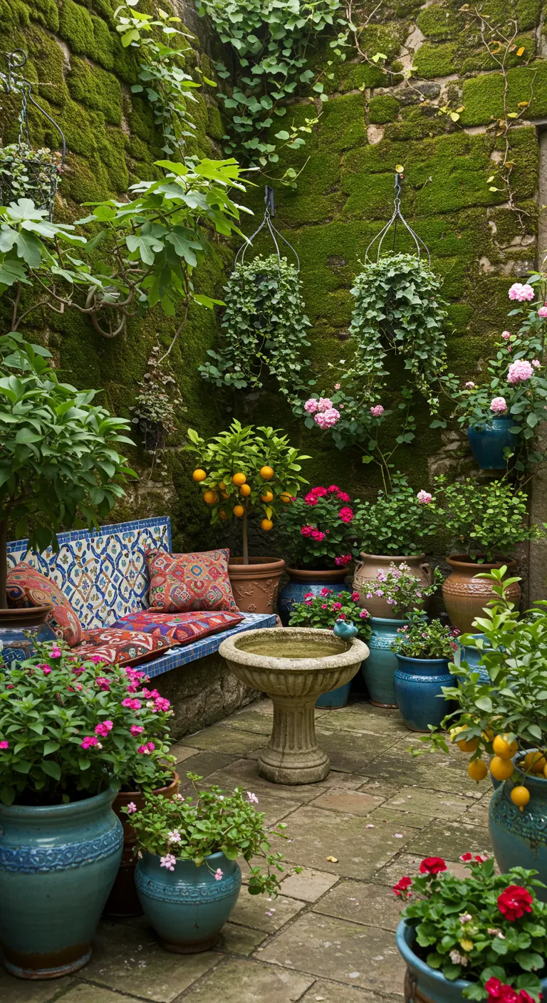 Cour intérieure verdoyante avec banc mosaïque, nombreux pots colorés et arbres fruitiers.