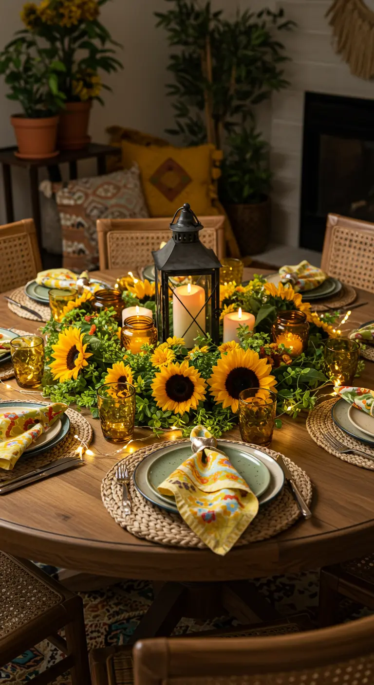 Table ronde avec une couronne de tournesols, une lanterne noire et des guirlandes lumineuses.