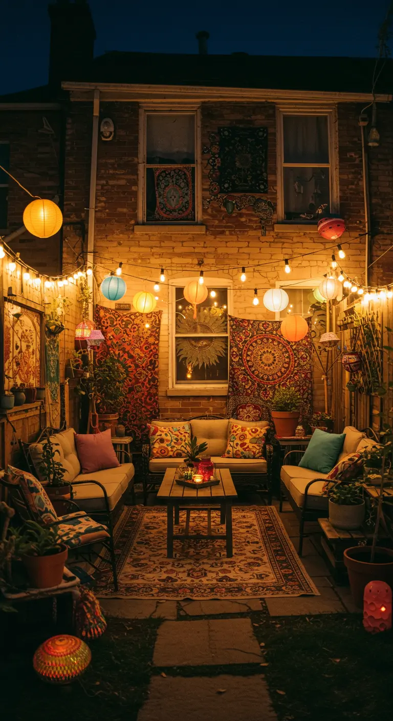 Patio bohème avec murs de briques, guirlandes lumineuses, lampions colorés et tapis d'extérieur.