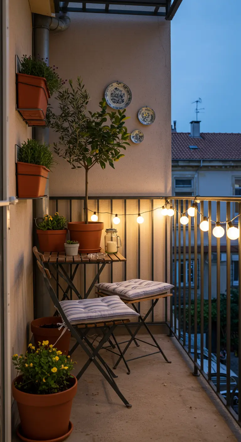 Petit balcon décoré d'assiettes murales, guirlandes lumineuses, plantes en pots et mobilier pliant.