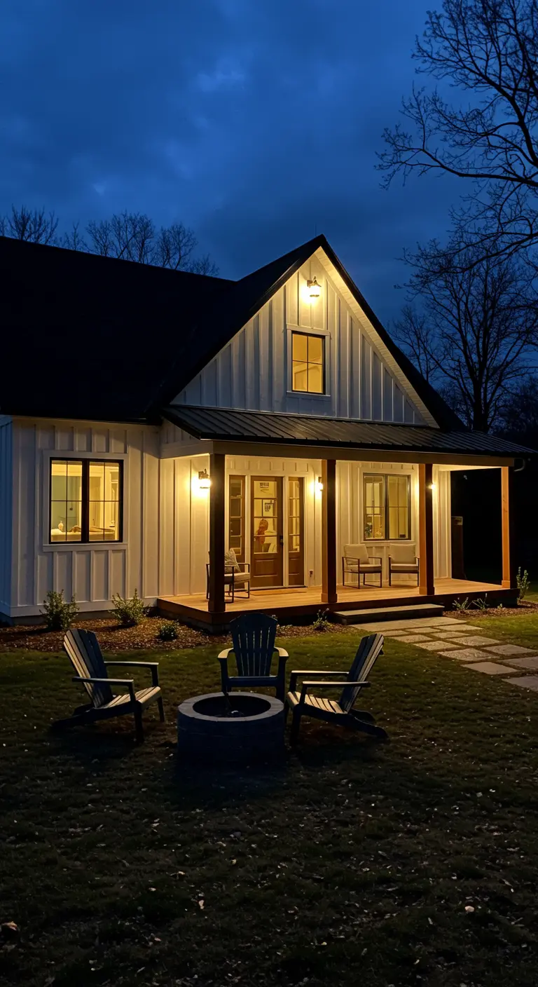 Maison de style ferme moderne avec porche éclairé, salon de jardin et foyer extérieur.