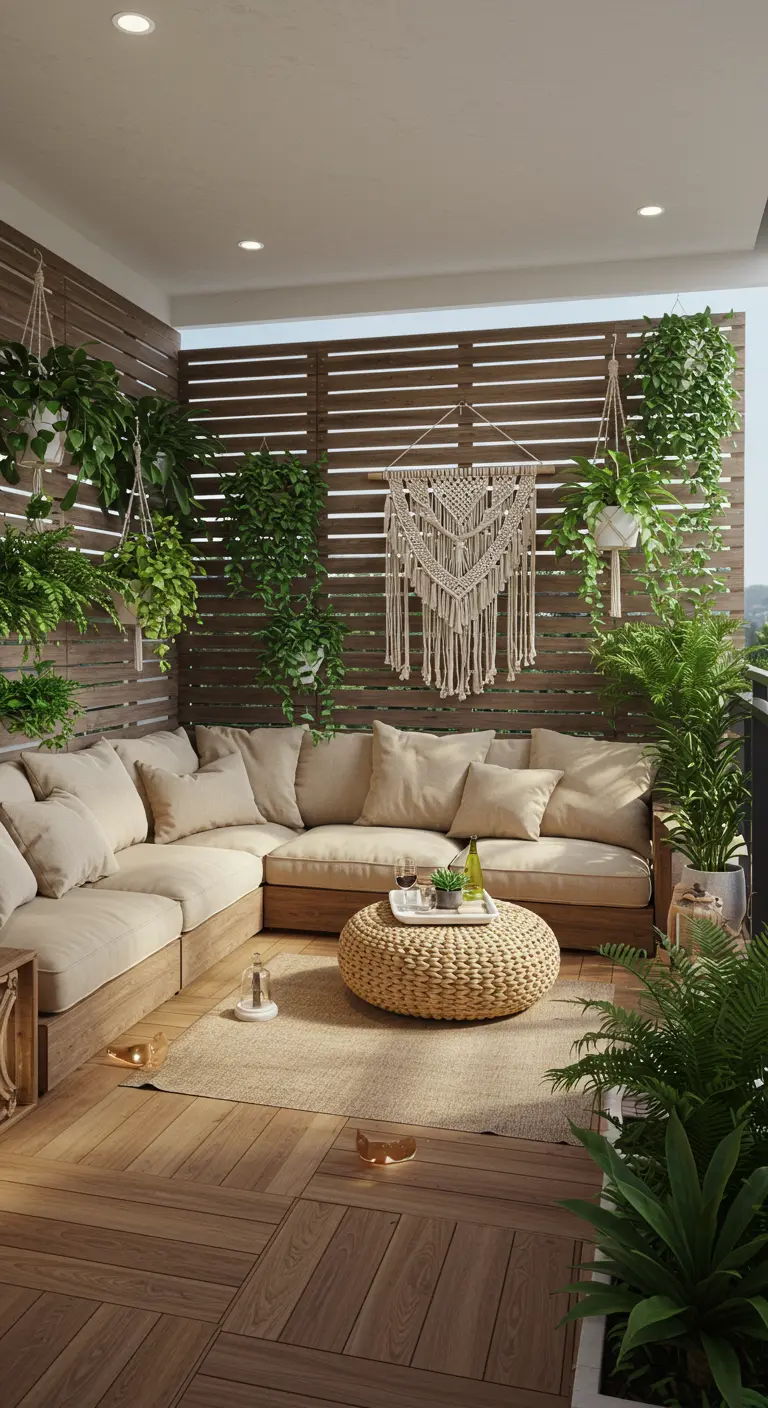 Balcon avec mur végétal en brise-vue bois, canapé d'angle en bois et pouf tressé.
