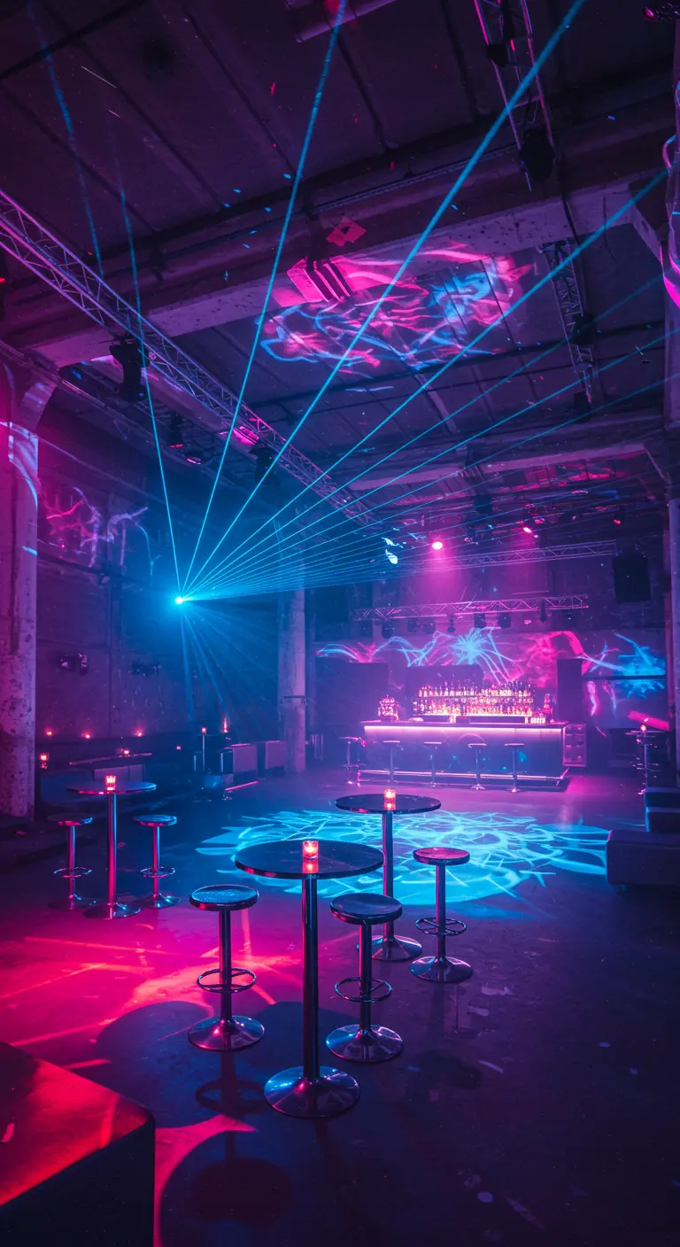 Boîte de nuit avec lasers bleus et roses, fumée, bar éclairé et tables hautes.