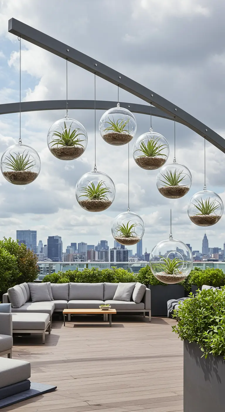 Neuf terrariums sphériques avec Tillandsias et sable clair suspendus à une structure métallique incurvée sur un toit-terrasse moderne.
