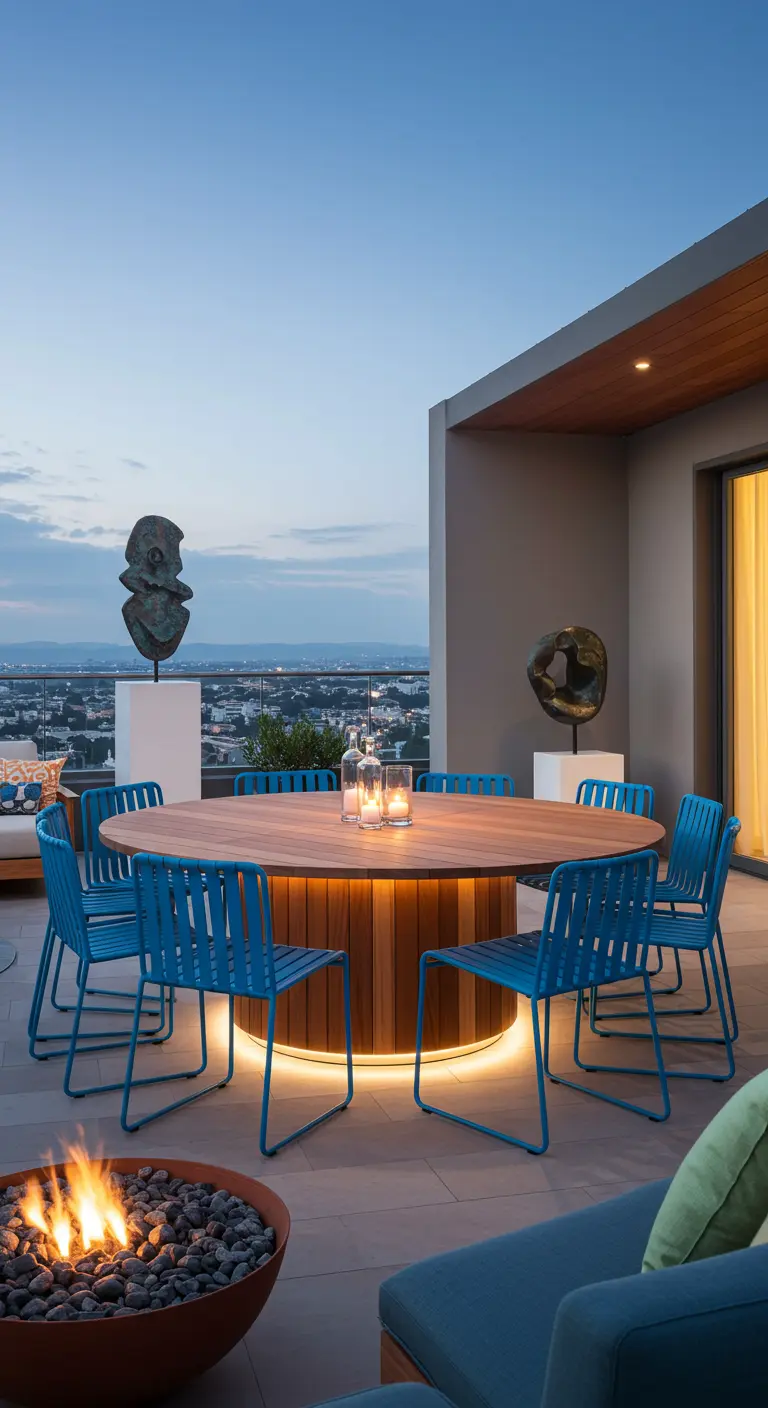 Table ronde en bois, chaises bleues électriques, éclairage LED intégré, brasero sur une terrasse moderne.