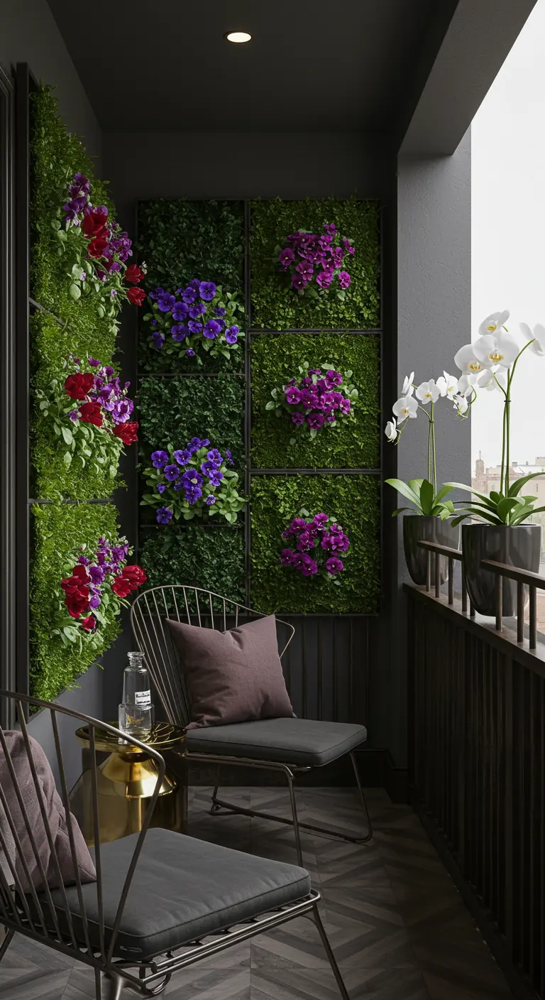 Balcon moderne avec murs végétaux structurés, fleurs rouges et violettes, et orchidées blanches.