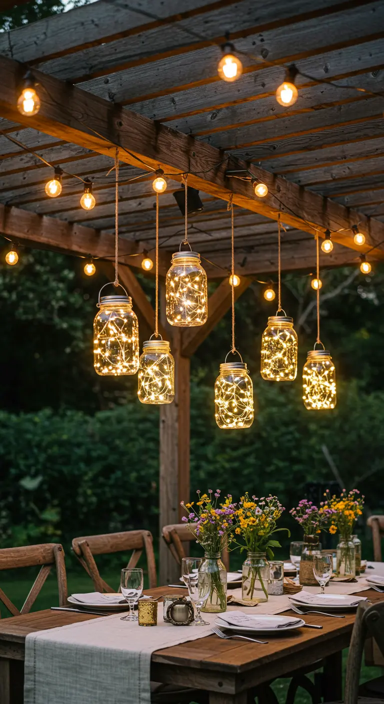 Table en bois sous une pergola éclairée, avec des bocaux lumineux suspendus et de petits bouquets de fleurs fraîches en centre de table.