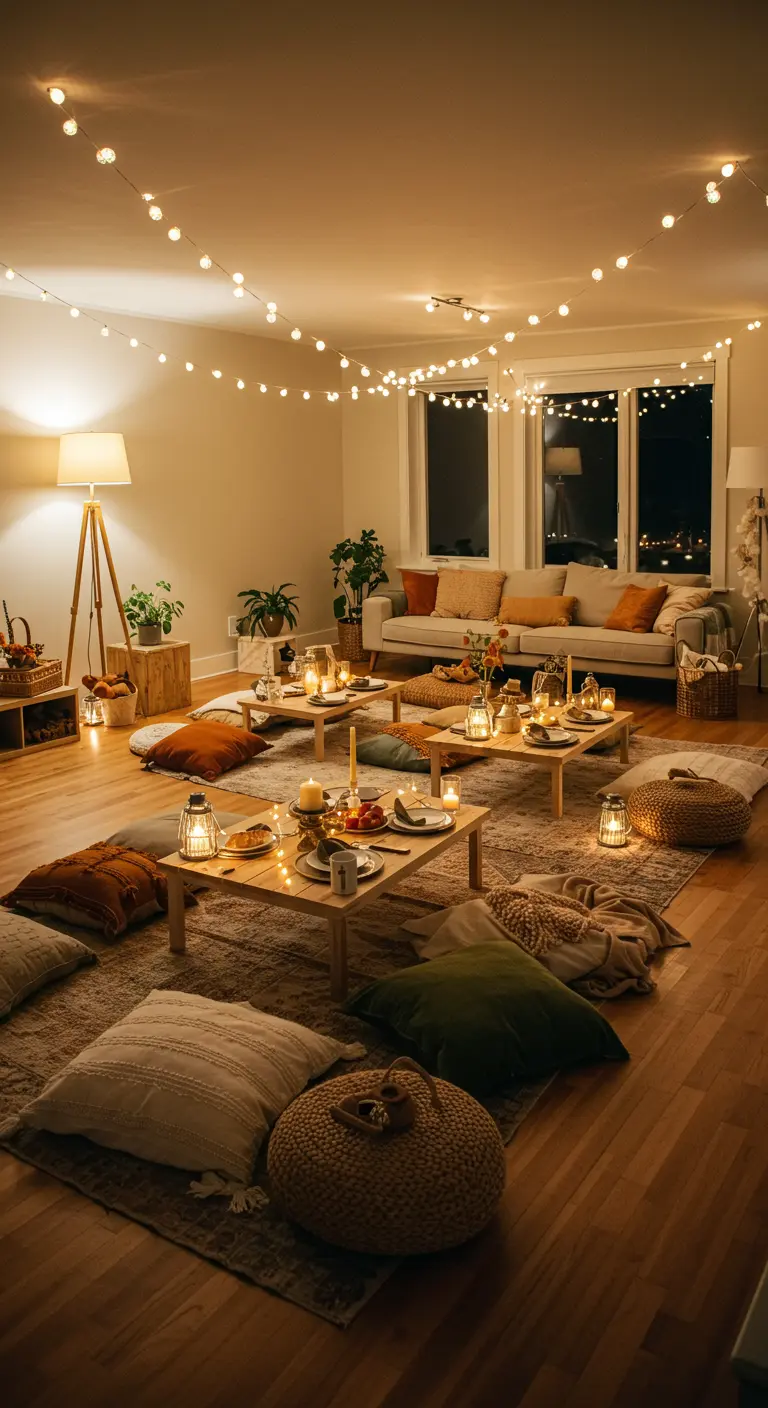 Salle à manger avec dîner au sol, coussins et tables basses, sous un plafond de guirlandes lumineuses.