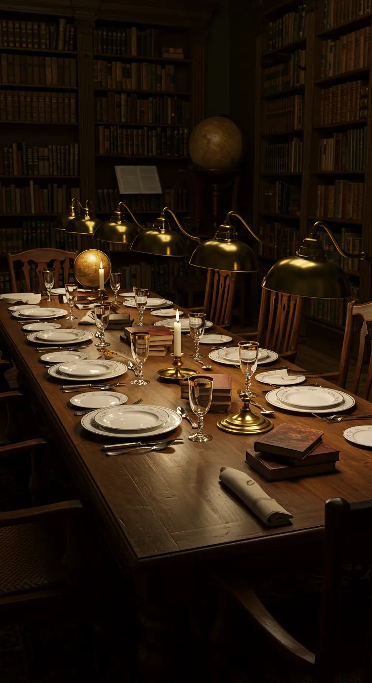 Table de dîner dans une bibliothèque sombre avec des lampes de bureau individuelles et des bougies.
