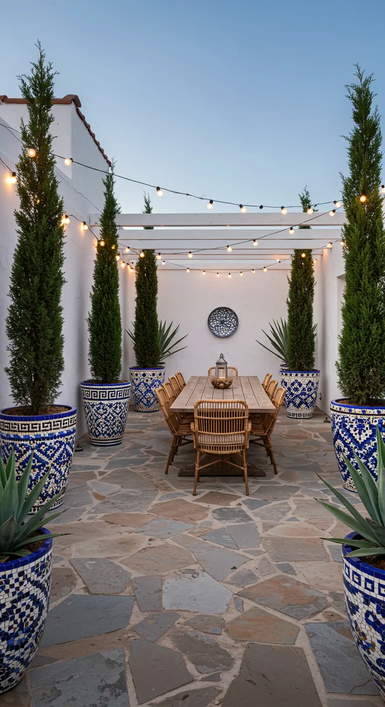 Salle à manger extérieure avec cyprès dans des pots mosaïque bleus et blancs, guirlandes lumineuses.