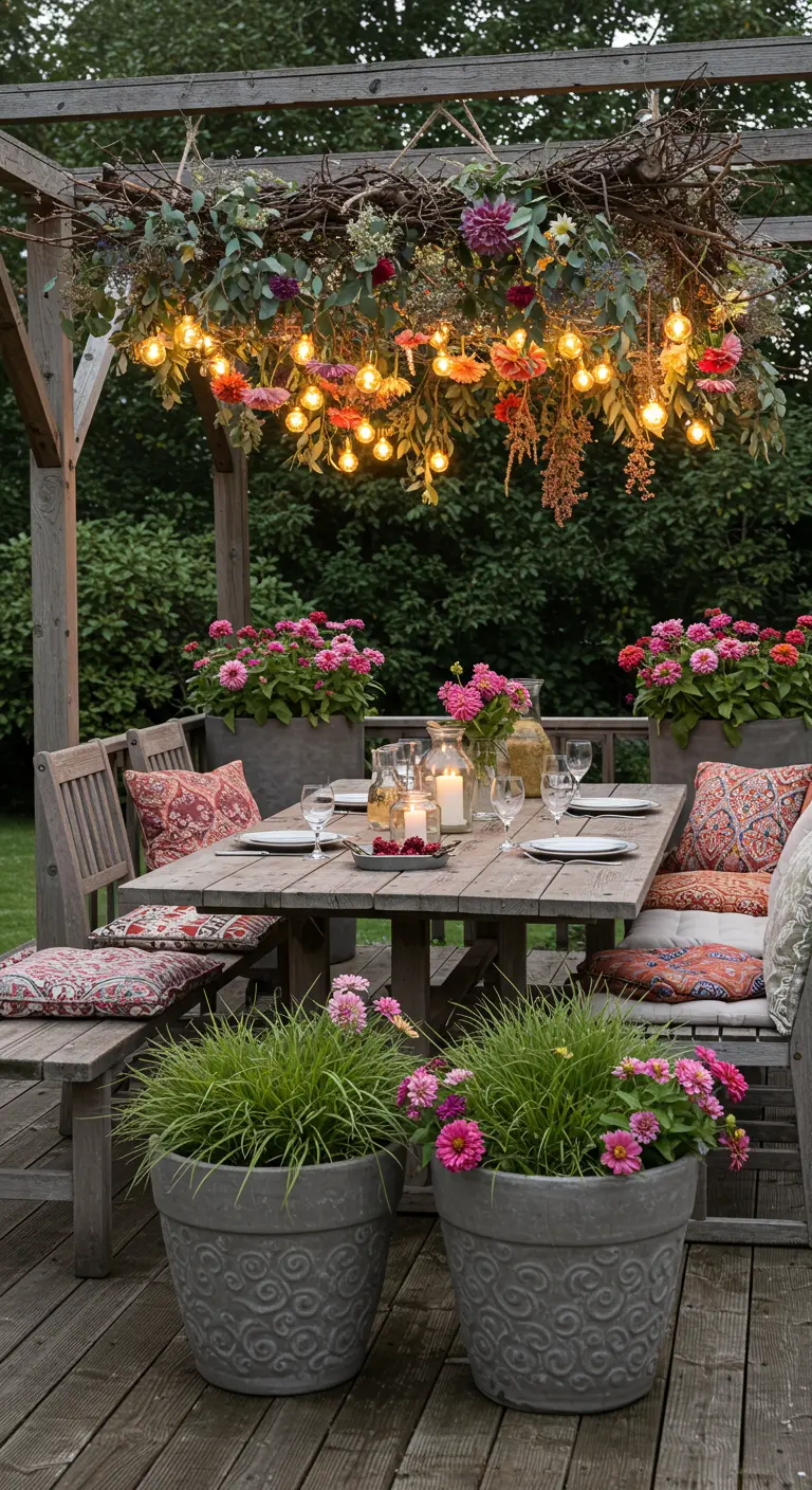 Table de jardin sous une pergola fleurie et illuminée, avec coussins et bougies.