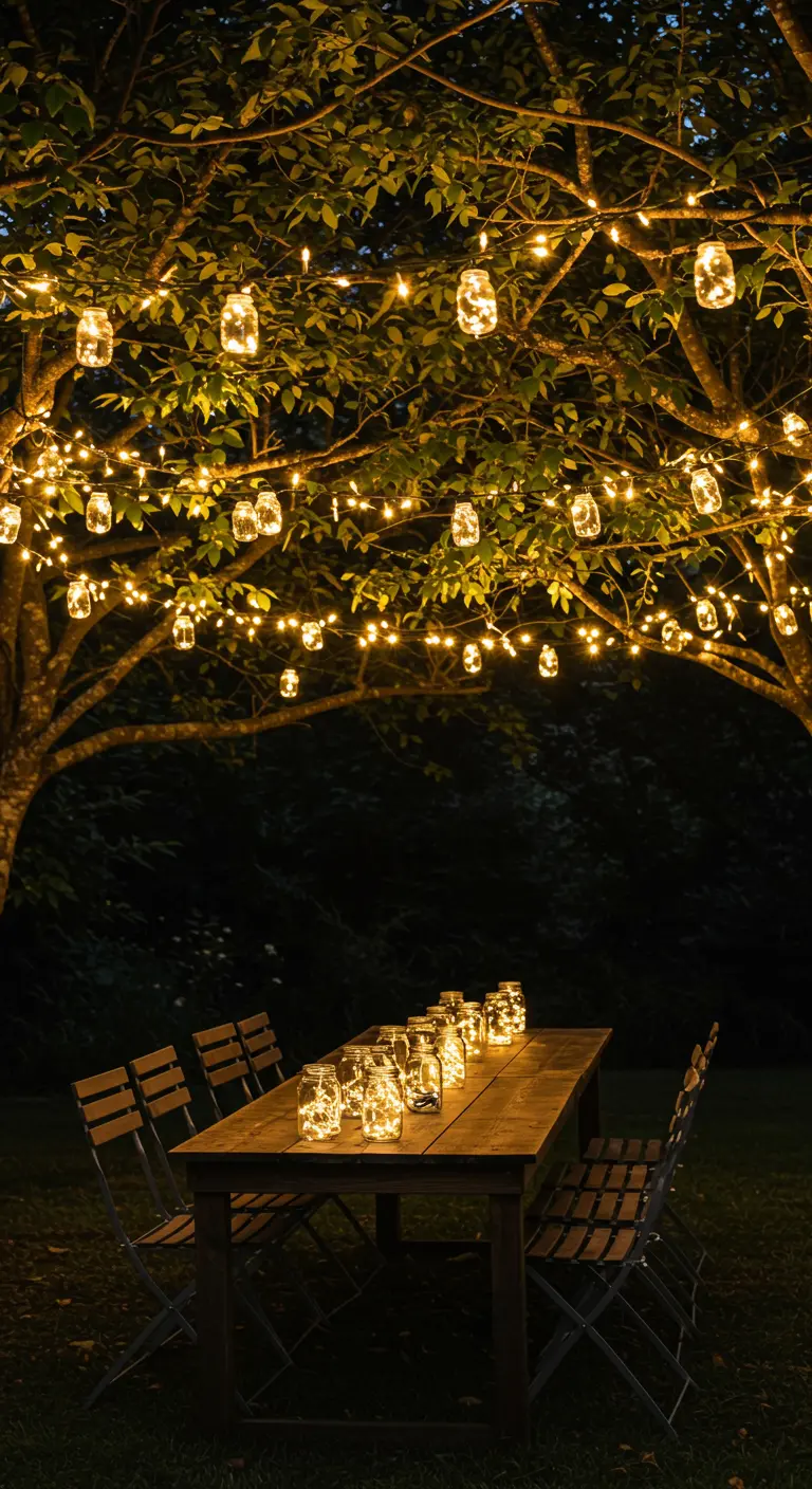 Table à manger en bois sous un couvert d'arbres, éclairée par des guirlandes lumineuses et des bocaux suspendus aux branches.