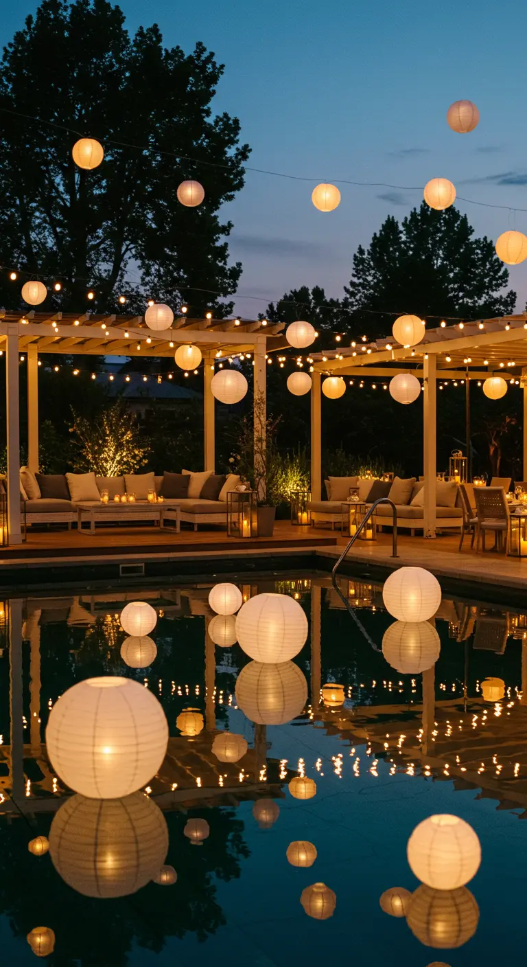 Terrasse de piscine illuminée par des guirlandes et des lampions, avec des reflets lumineux.