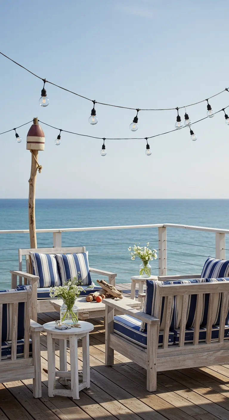 Terrasse en bord de mer avec vue sur l'océan, salon de jardin blanc et guirlandes lumineuses.