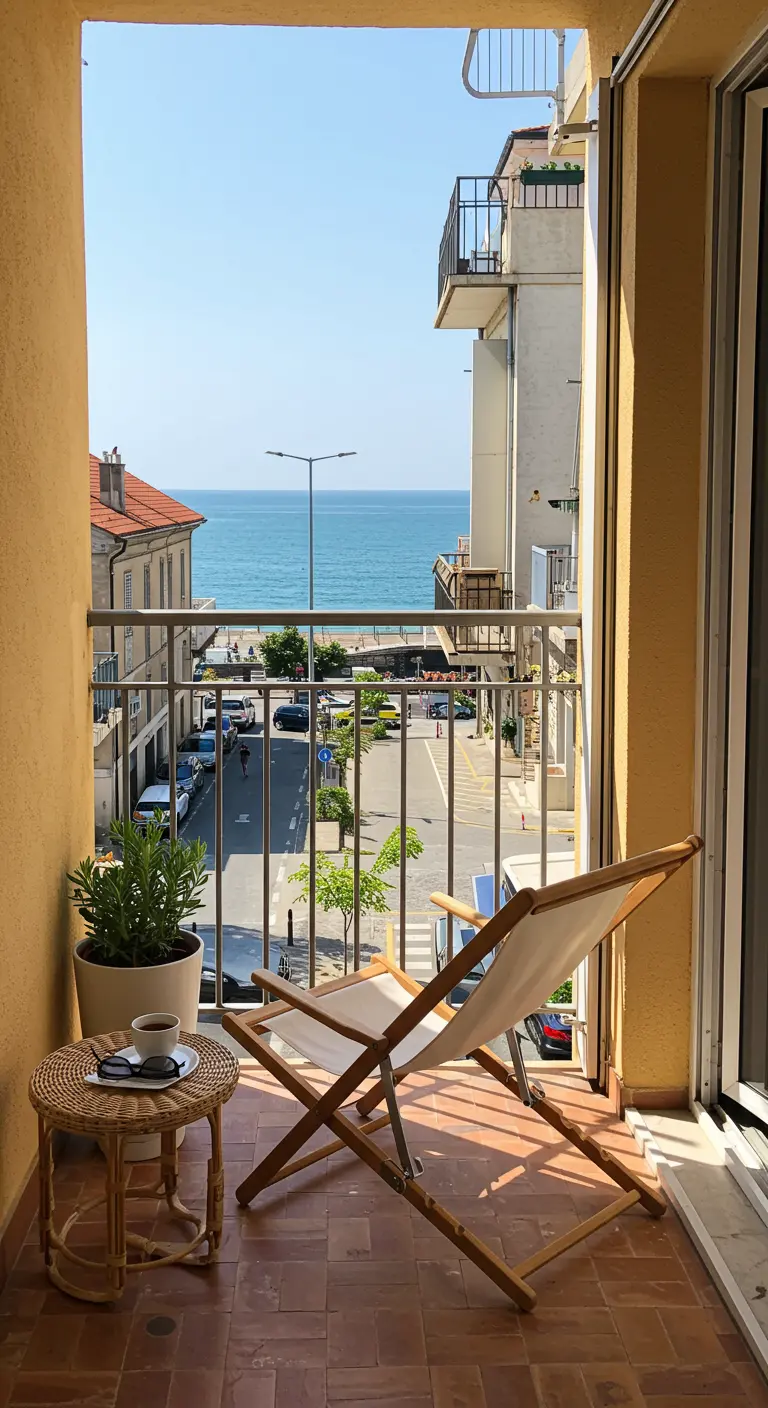 Transat pliant en bois et toile, petite table en rotin, plante en pot, balcon avec vue sur la mer.