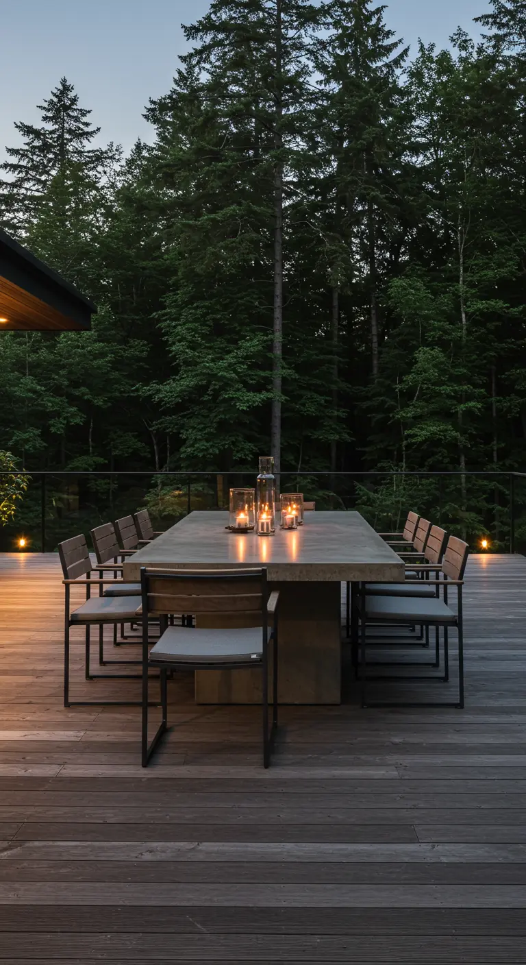 Grande table en béton et chaises en acier sur une terrasse en bois avec bougies et forêt en fond.