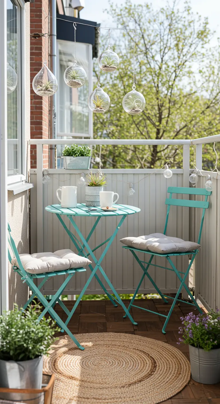 Balcon mint avec mobilier pliant, terrariums suspendus, guirlandes lumineuses et tapis rond en jute.