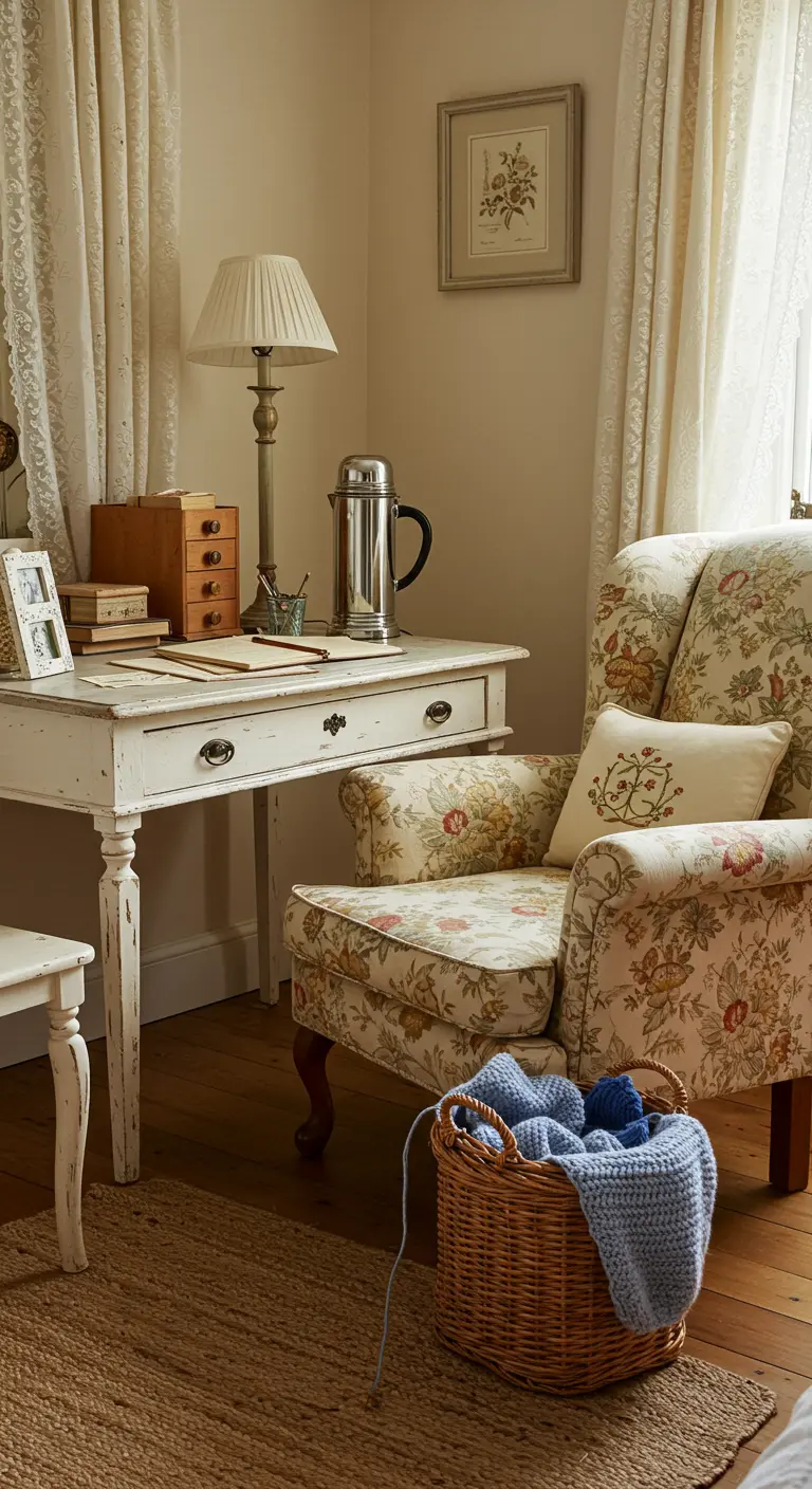 Bureau champêtre avec fauteuil floral, bureau blanc antique et paniers en osier.