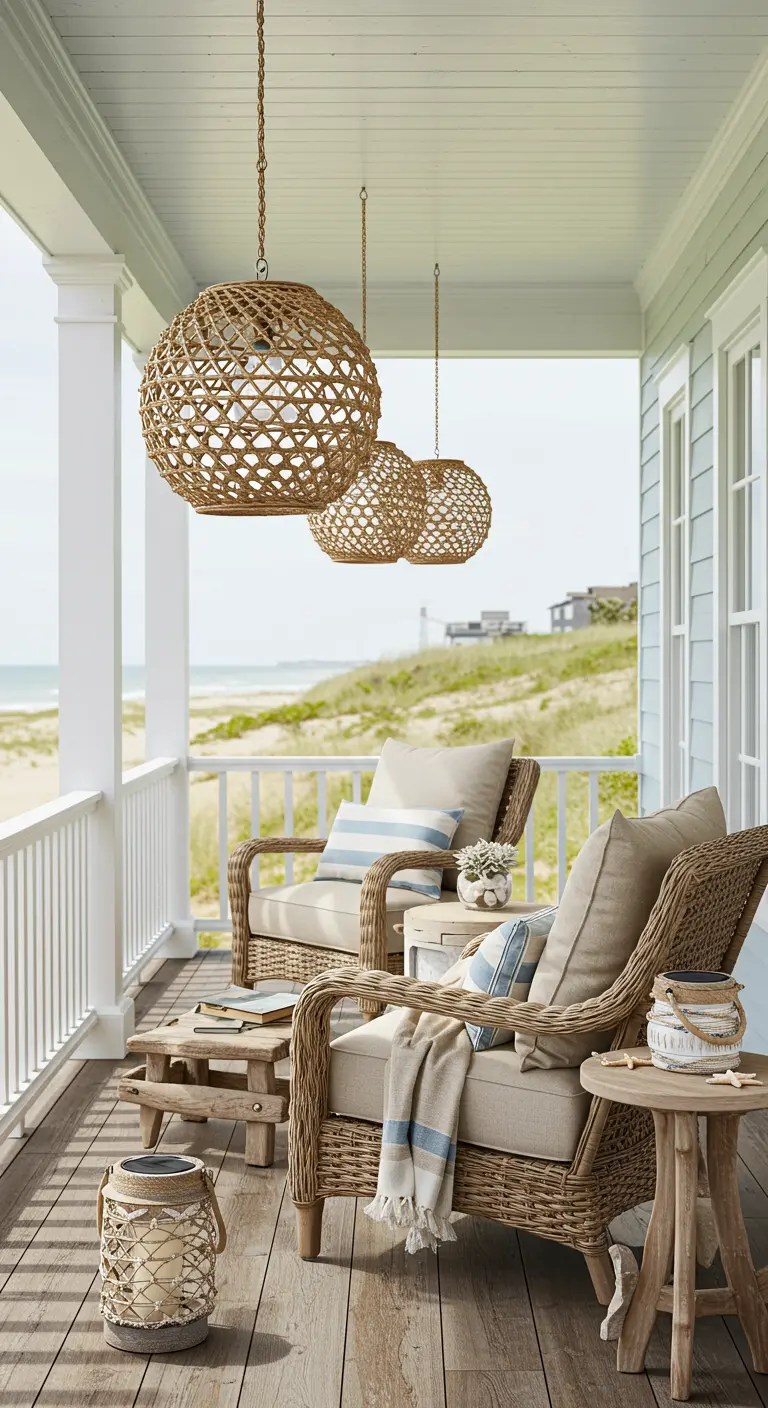 Balcon face à la mer avec des suspensions en rotin et des fauteuils confortables.