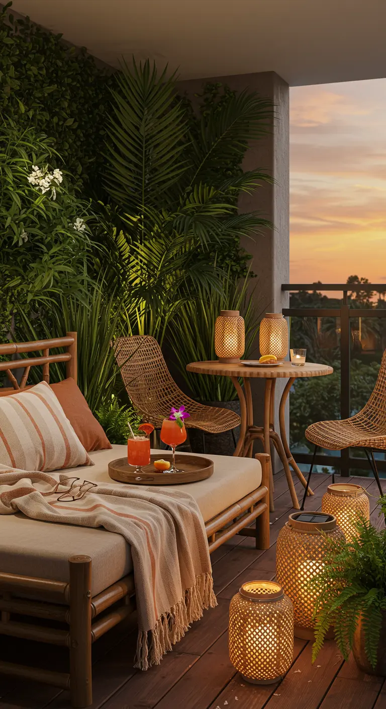 Balcon tropical avec banquette en bambou, plantes luxuriantes et éclairage d'ambiance au crépuscule.