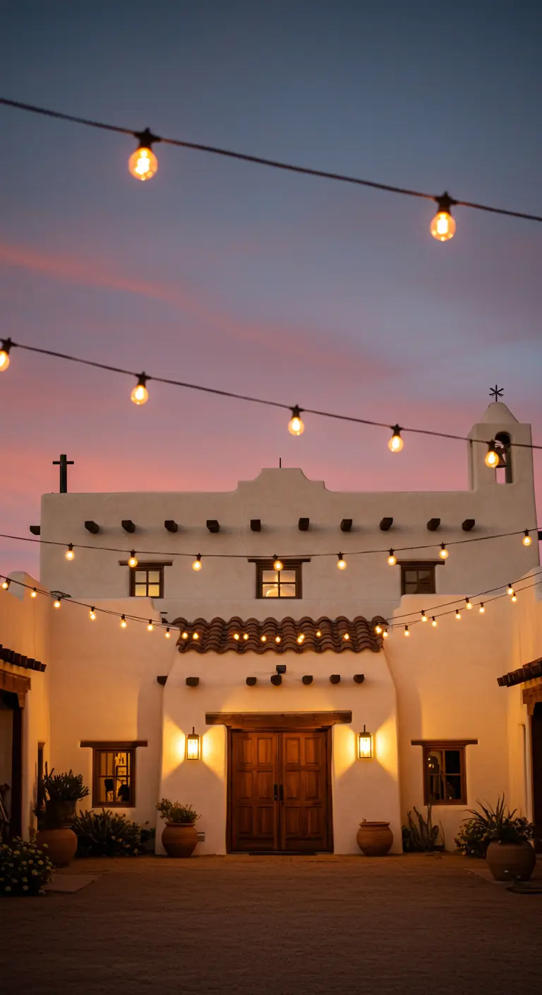 Bâtiment style adobe avec guirlandes lumineuses sous un ciel de coucher de soleil.
