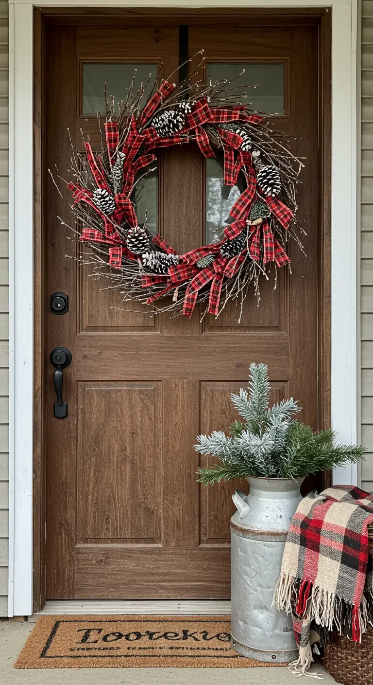 Couronne en brindilles et rubans écossais sur porte en bois, avec plaid écossais et décor rustique.