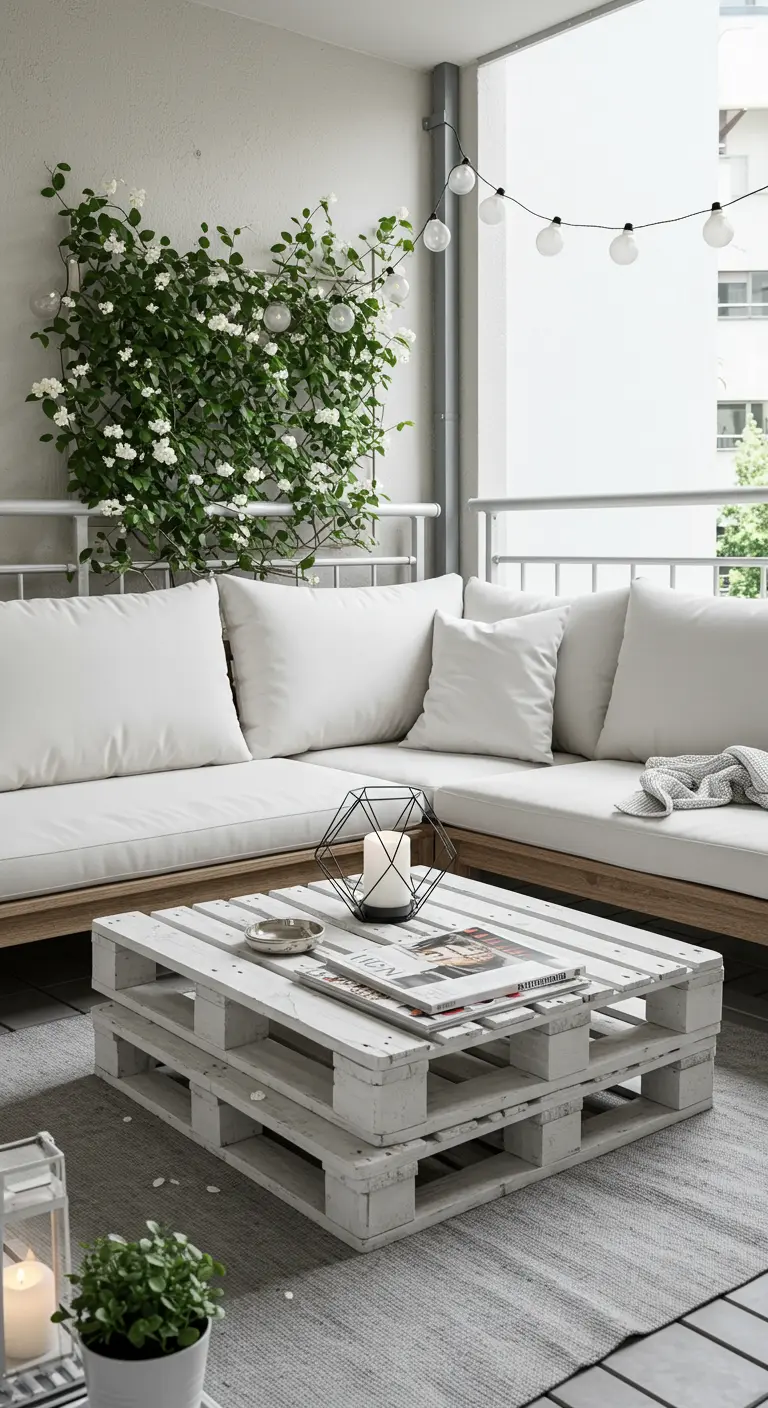 Balcon blanc avec table en palettes peintes, canapé et mur végétal fleuri.