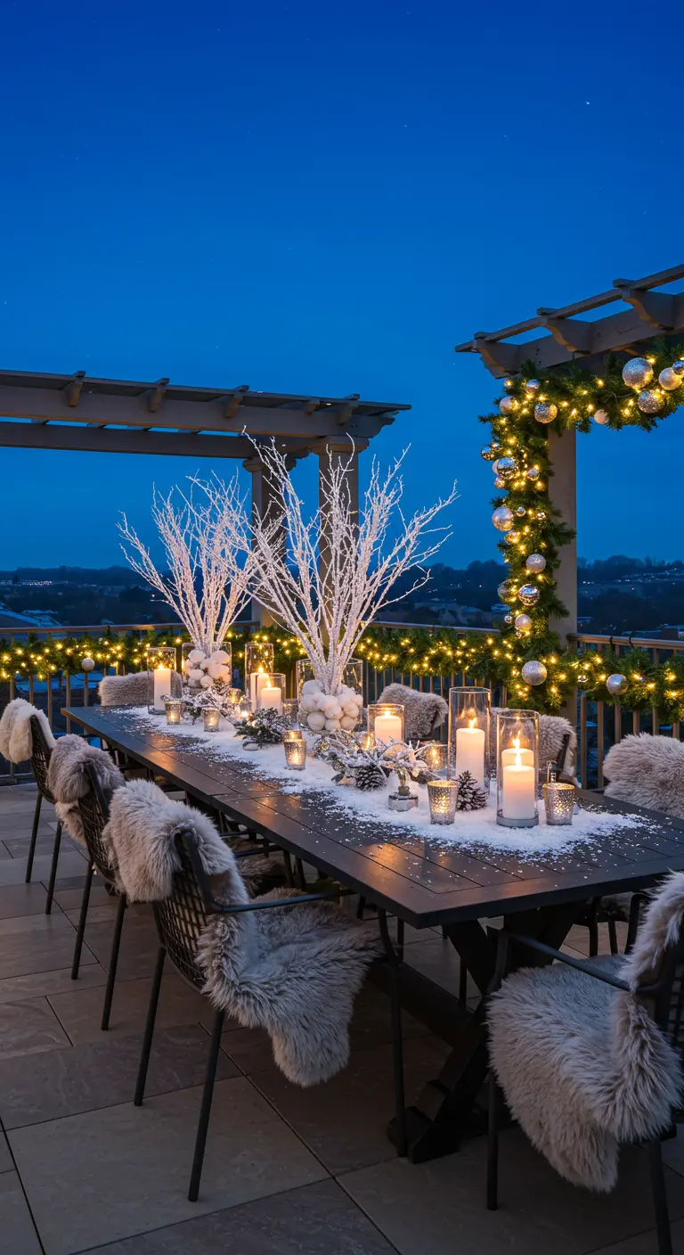 Table de dîner extérieure décorée de branches enneigées, bougies, fausse neige et plaids en fausse fourrure.