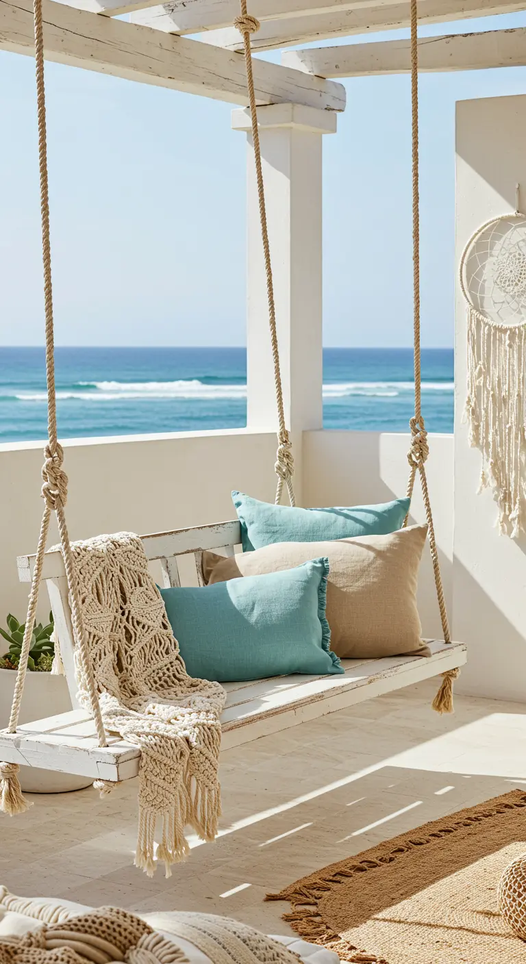 Balançoire en bois blanc, coussins pastel, jeté macramé sur un balcon face à la mer.