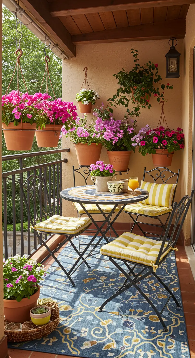 Balcon méditerranéen avec mobilier en fer forgé, coussins jaunes, tapis bleu et pots de fleurs roses.