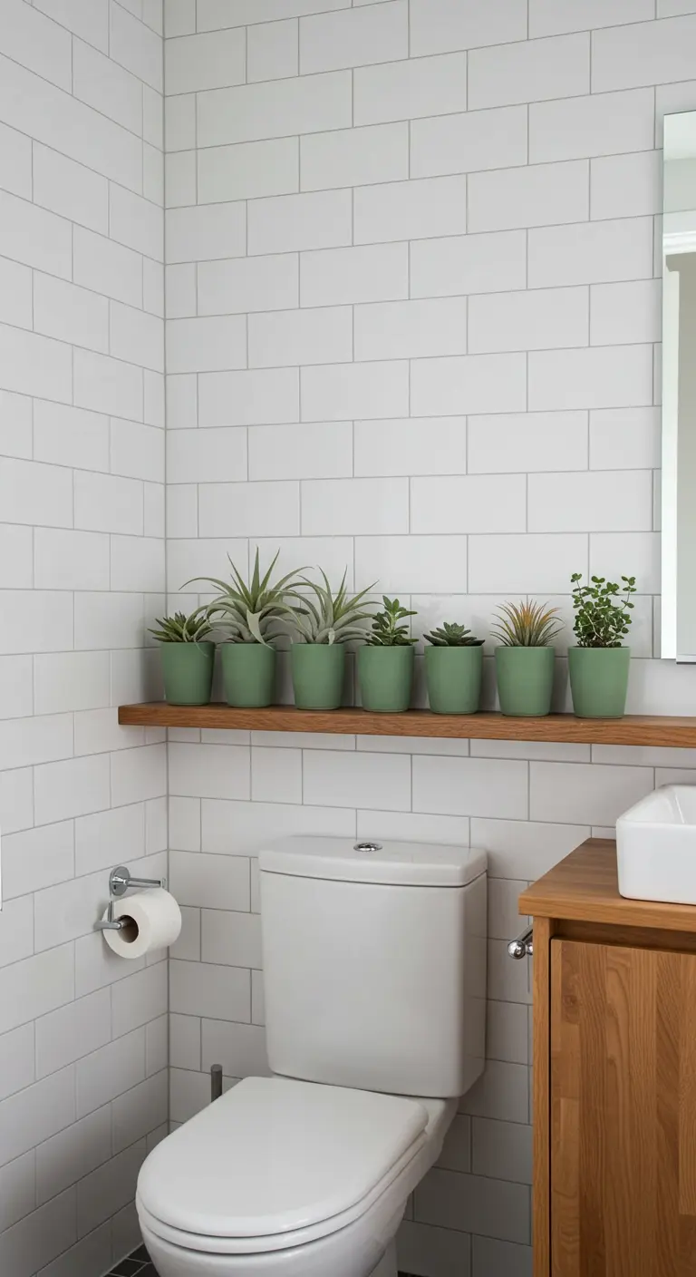 Petits pots vert menthe avec plantes grasses sur une étagère en bois dans une salle de bain blanche.