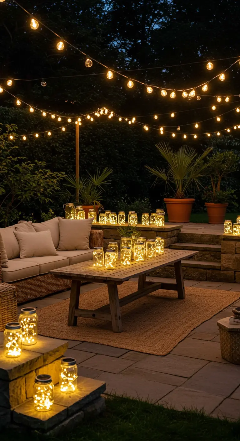 Patio éclairé par des guirlandes suspendues et de nombreux bocaux lumineux, créant une ambiance cosy.