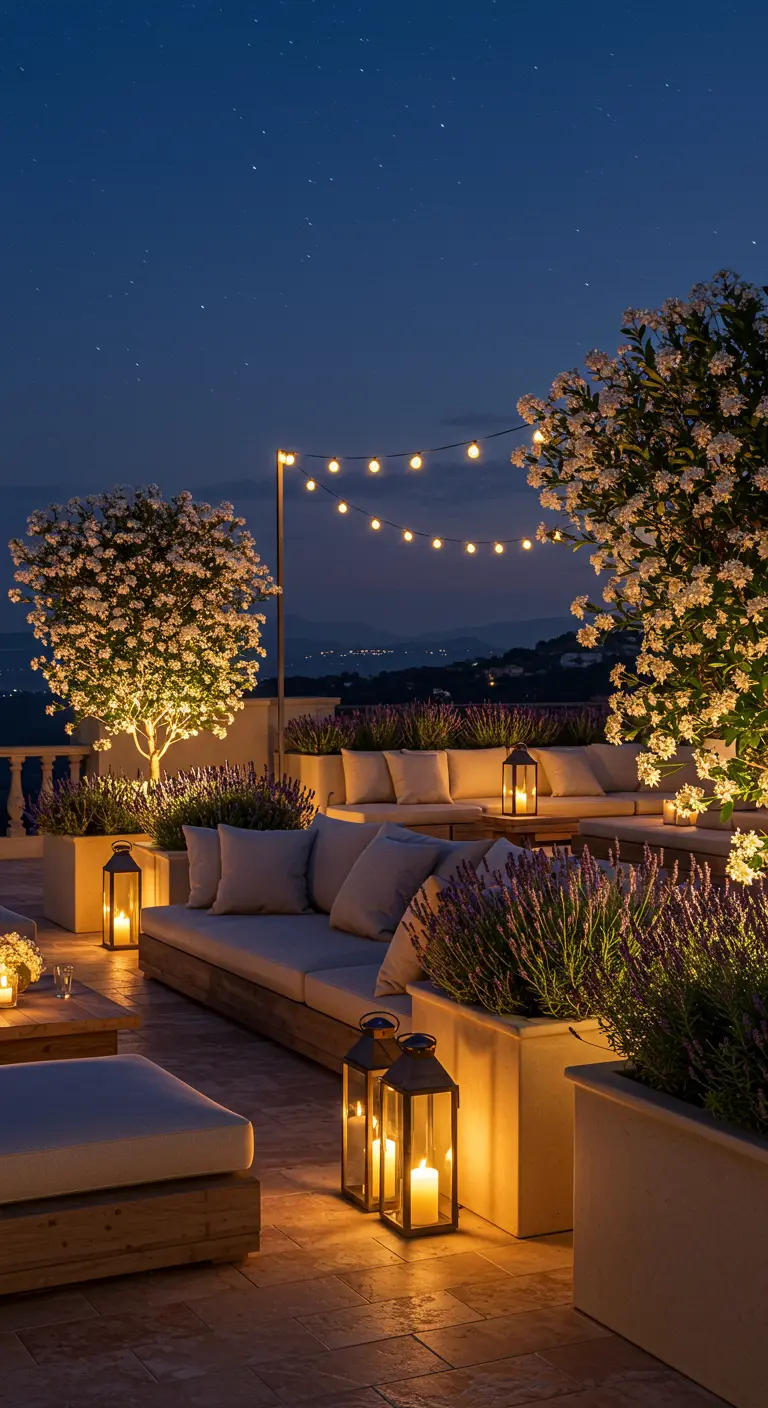 Terrasse de nuit avec salon extérieur, lavande, oliviers illuminés et guirlandes lumineuses.