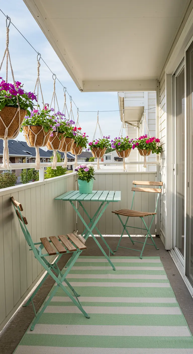 Balcon avec ensemble bistrot vert menthe, tapis rayé vert et blanc, suspensions florales en macramé.