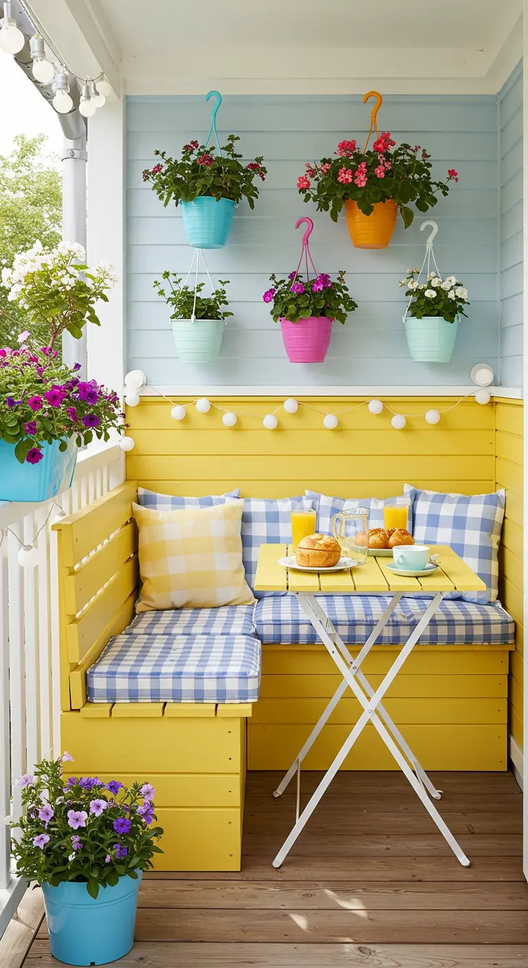 Balcon jaune et bleu avec banquette en bois, coussins à carreaux, pots suspendus colorés et guirlande lumineuse.