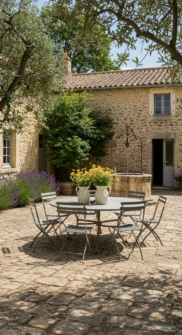 Cour rustique ensoleillée avec table et chaises en fer forgé gris, fleurs jaunes, lavande et puits.