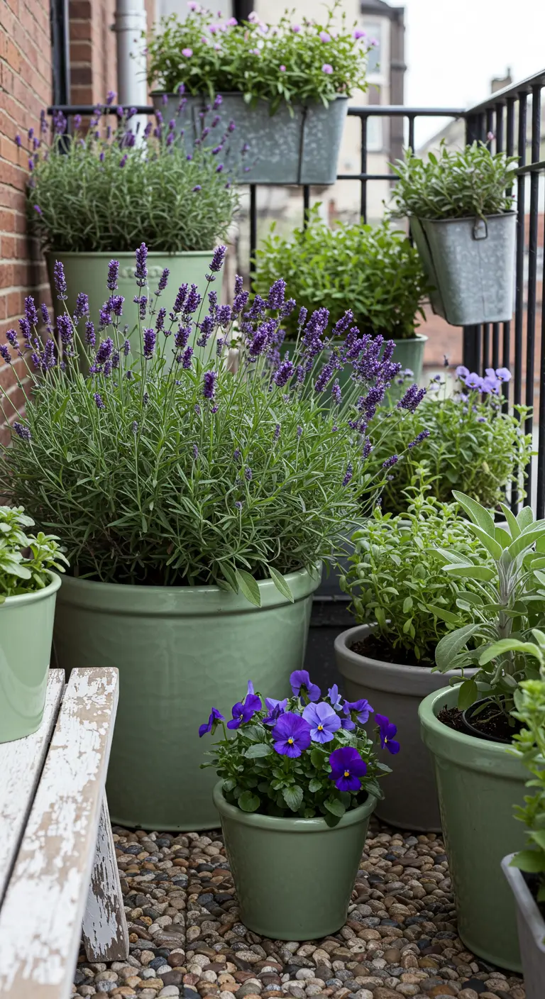 Balcon avec pots vert sauge et jardinières en zinc, lavande et herbes aromatiques.