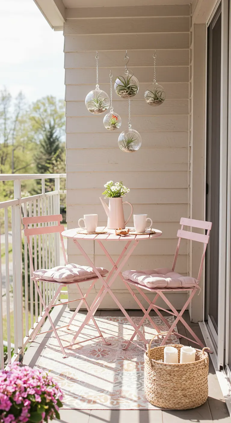 Balcon romantique avec mobilier rose pastel, tapis floral, terrariums suspendus à plantes aériennes.
